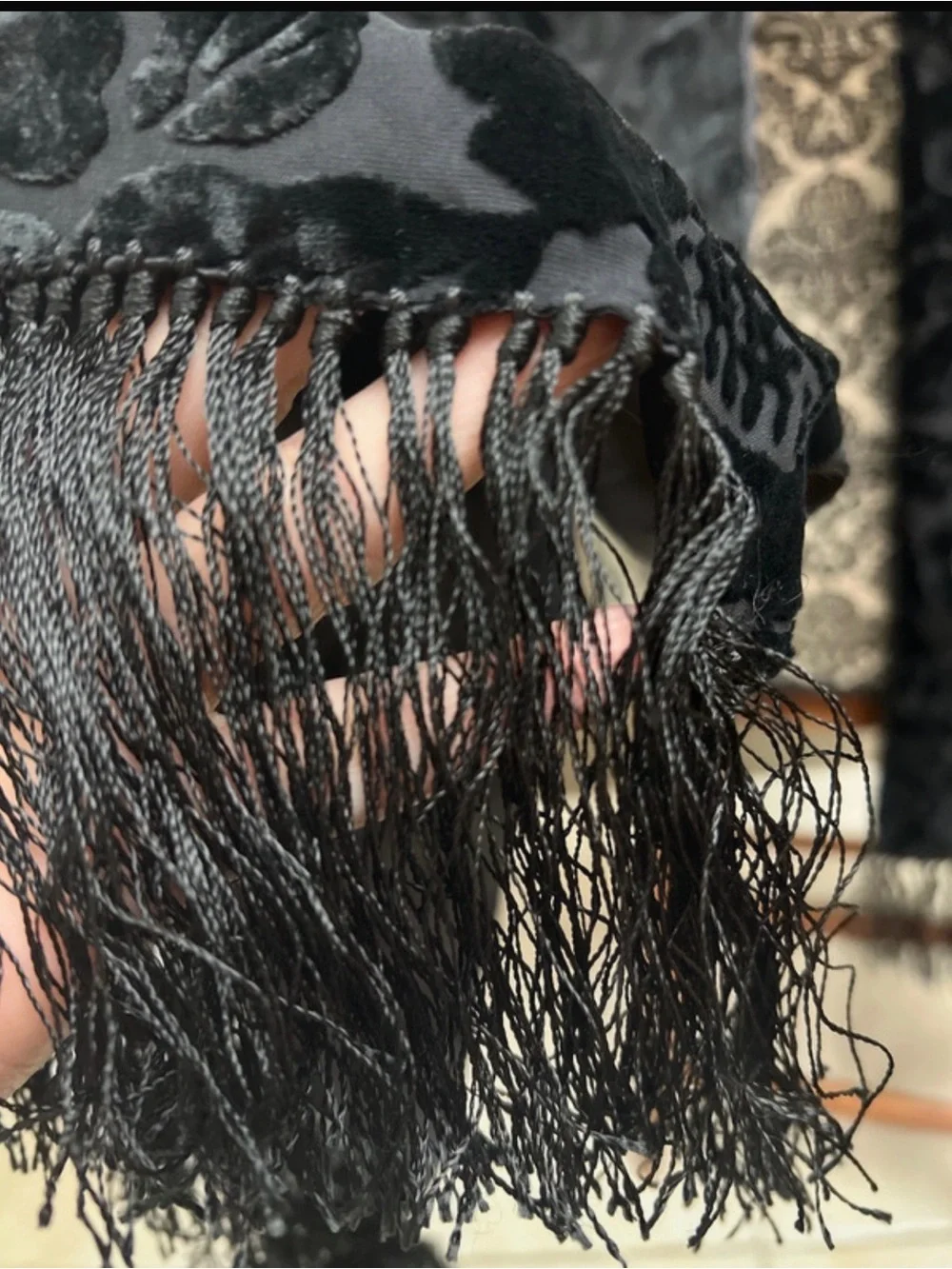 Black Velvet Floral Fringe Shawl